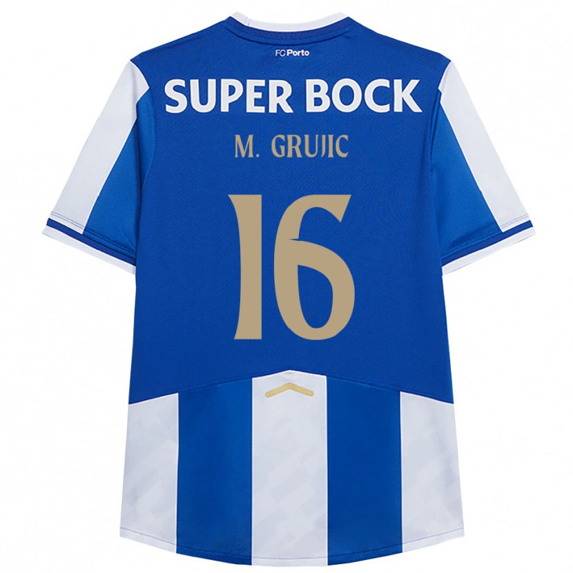 Danxen Mulher Camisola Marko Grujić #16 Azul Branco Principal 2025/26 Camisa