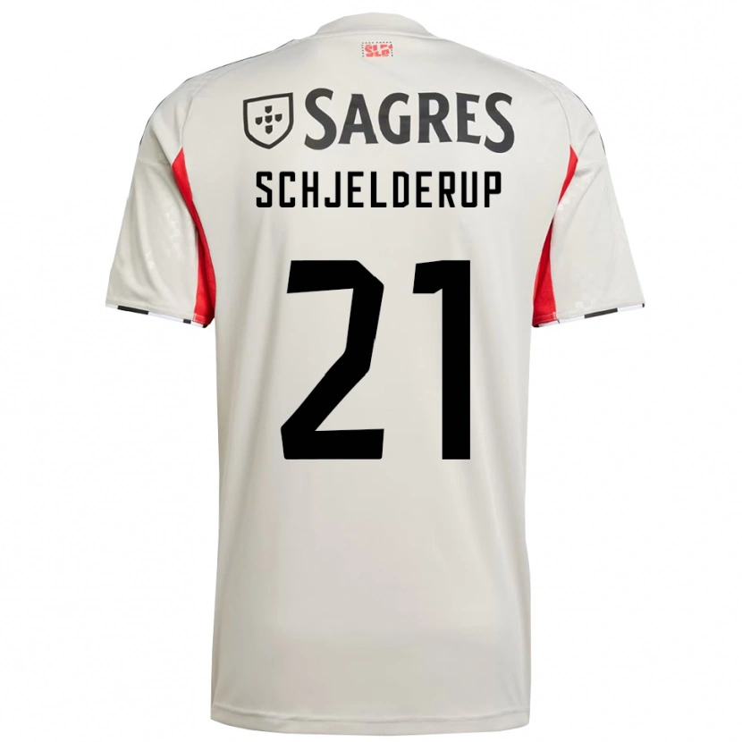 Danxen Mulher Camisola Andreas Schjelderup #21 Branco Sujo Vermelho Alternativa 2025/26 Camisa