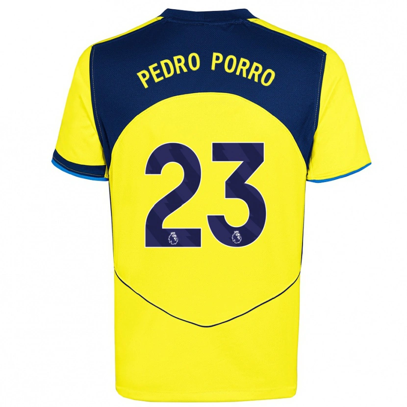 Danxen Mulher Camisola Pedro Porro #23 Amarelo Marinho Terceiro 2025/26 Camisa