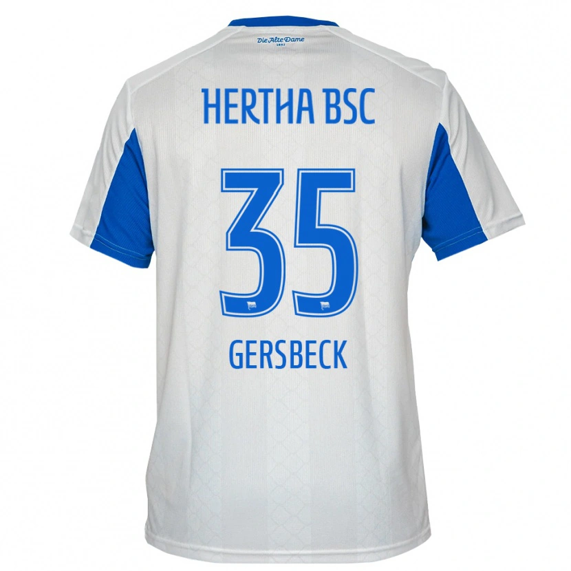 Danxen Mulher Camisola Marius Gersbeck #35 Branco Azul Alternativa 2025/26 Camisa