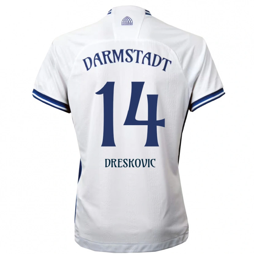 Danxen Mulher Camisola Meldin Dreskovic #14 Branco Azul Alternativa 2025/26 Camisa