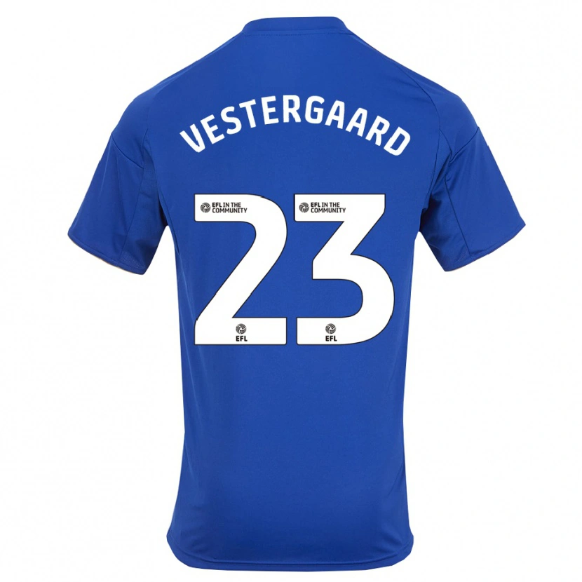 Danxen Homem Camisola Jannik Vestergaard #23 Azul Dourado Principal 2025/26 Camisa