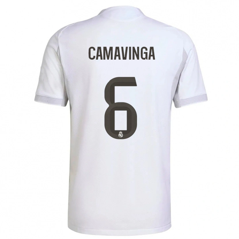 Danxen Criança Camisola Eduardo Camavinga #6 Branco Amarelo Principal 2025/26 Camisa