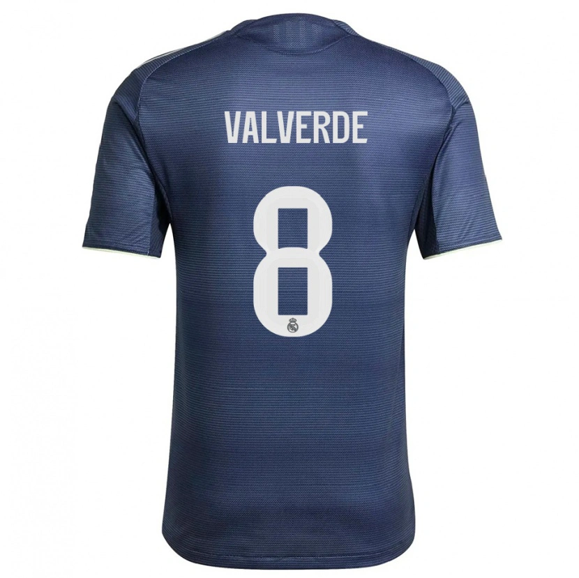 Danxen Criança Camisola Federico Valverde #8 Azul Marinho Prata Alternativa 2025/26 Camisa
