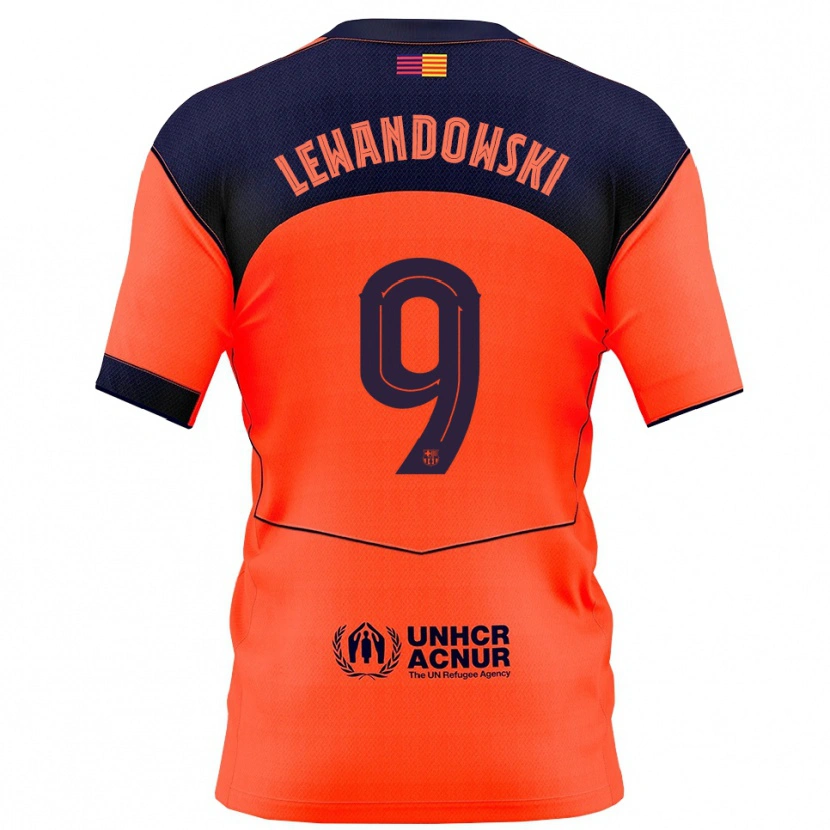 Danxen Criança Camisola Robert Lewandowski #9 Laranja Marinho Terceiro 2025/26 Camisa
