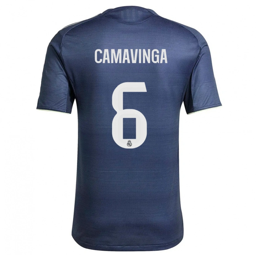Danxen Mulher Camisola Eduardo Camavinga #6 Azul Marinho Prata Alternativa 2025/26 Camisa