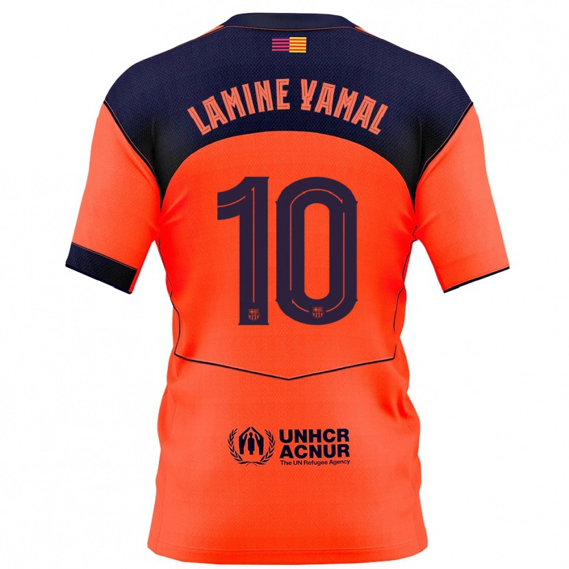 Danxen Mulher Camisola Lamine Yamal #10 Laranja Marinho Terceiro 2025/26 Camisa