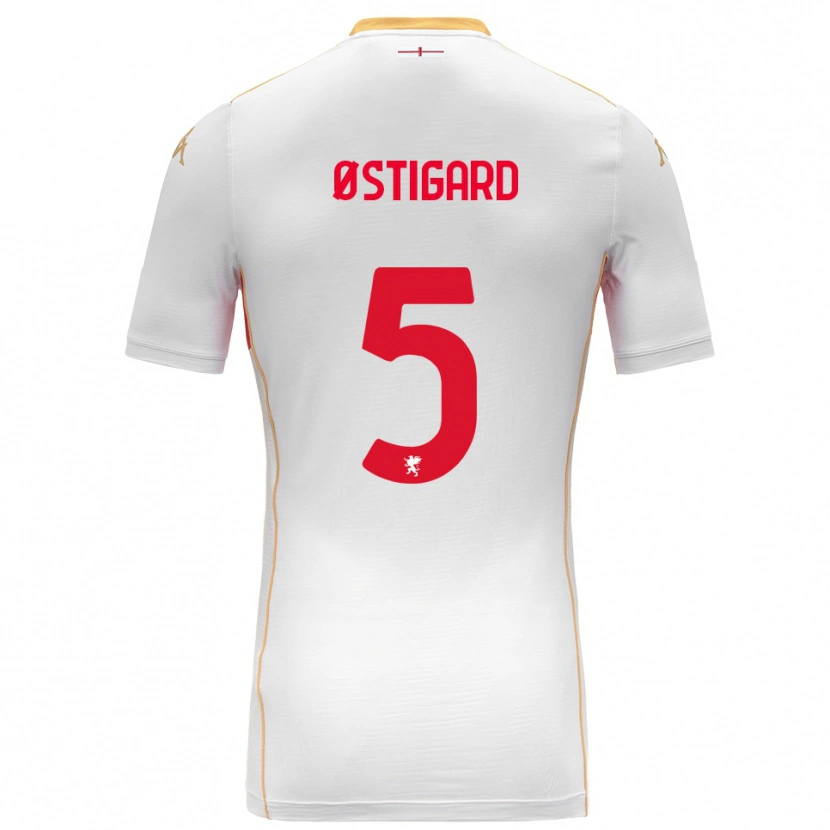 Danxen Homem Camisola Leo Østigård #5 Branco Vermelho Alternativa 2025/26 Camisa