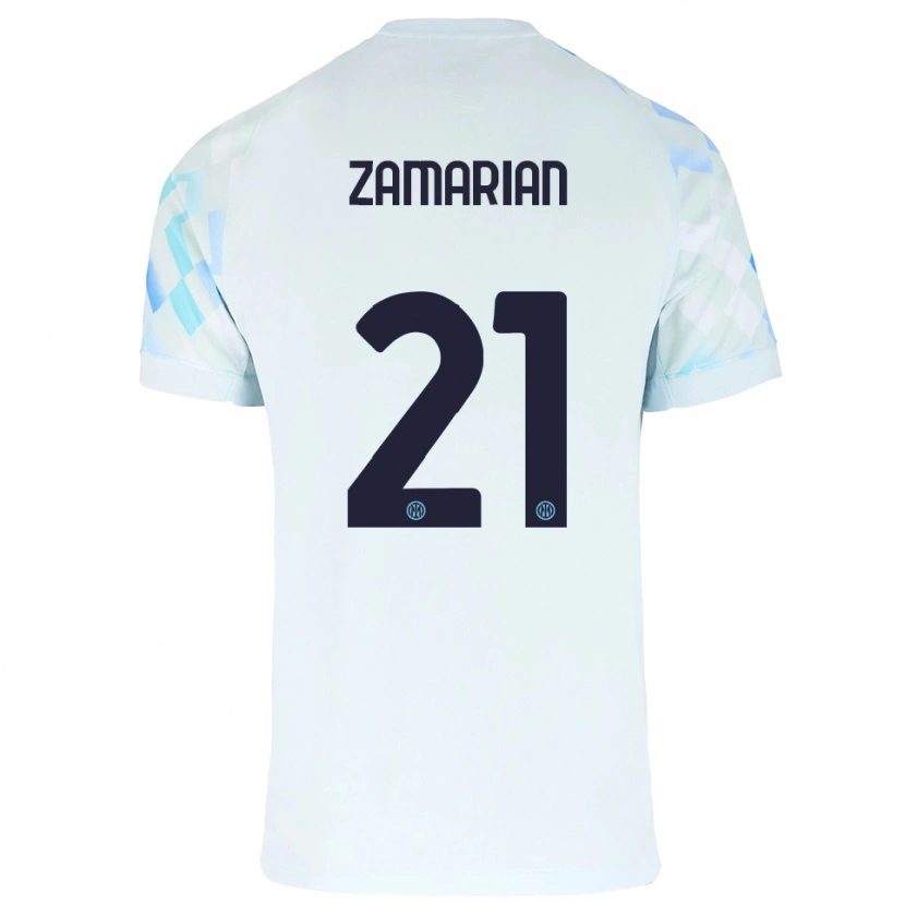 Danxen Mulher Camisola Matteo Zamarian #21 Branco Azul Alternativa 2025/26 Camisa