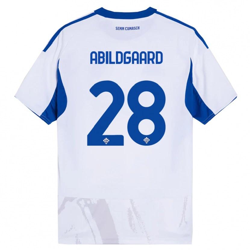 Danxen Mulher Camisola Oliver Abildgaard #28 Branco Azul Alternativa 2025/26 Camisa