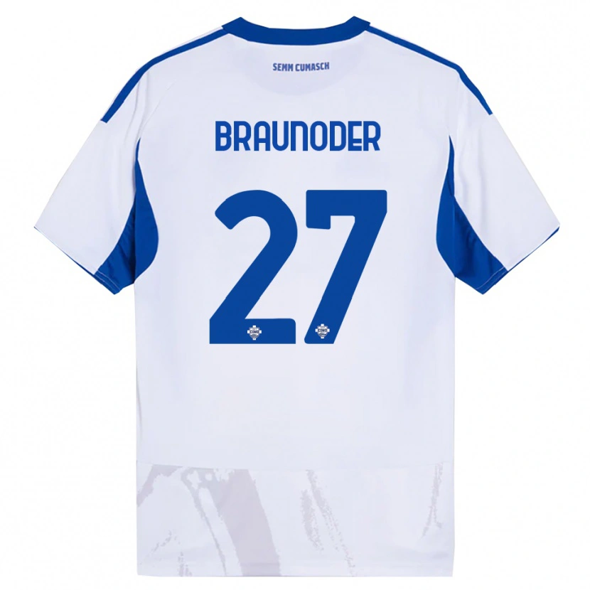Danxen Mulher Camisola Matthias Braunöder #27 Branco Azul Alternativa 2025/26 Camisa