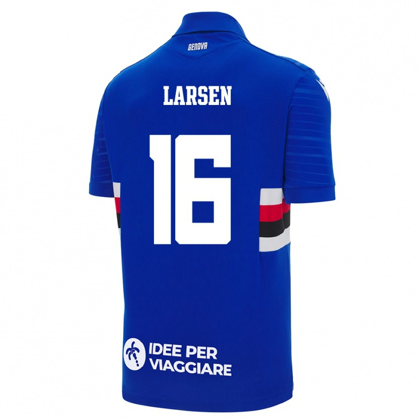 Danxen Criança Camisola Kathrine Østergaard Larsen #16 Azul Branco Principal 2025/26 Camisa
