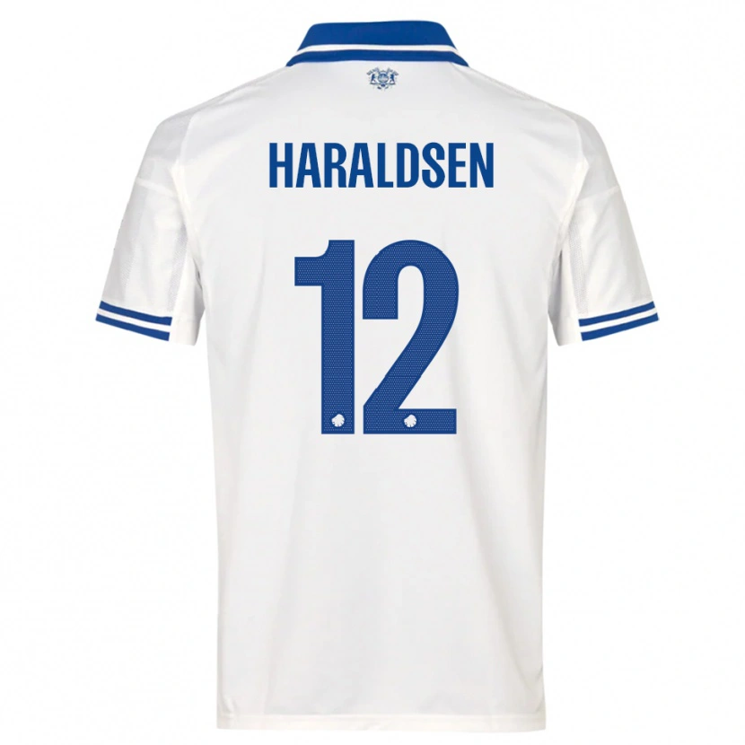 Danxen Mulher Camisola Henrik Haraldsen #12 Branco Azul Principal 2025/26 Camisa