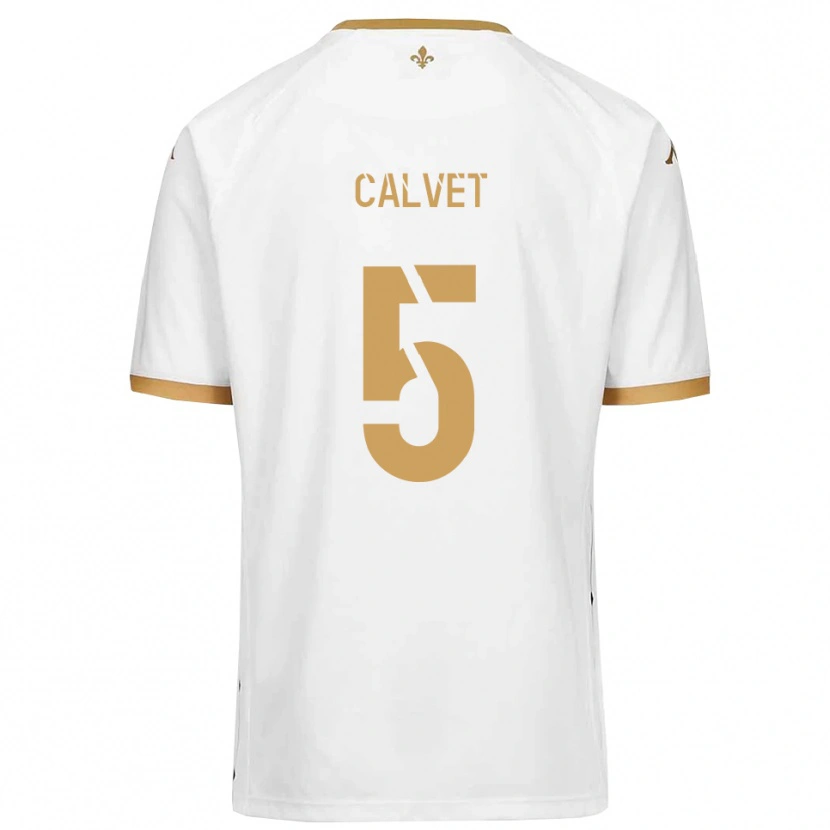 Danxen Mulher Camisola Raphaël Calvet #5 Branco Dourado Alternativa 2025/26 Camisa