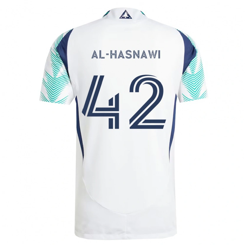 Danxen Criança Camisola Moshtaba Al-Hasnawi #42 Branco Azul Marinho Verde Claro Alternativa 2026/27 Camisa