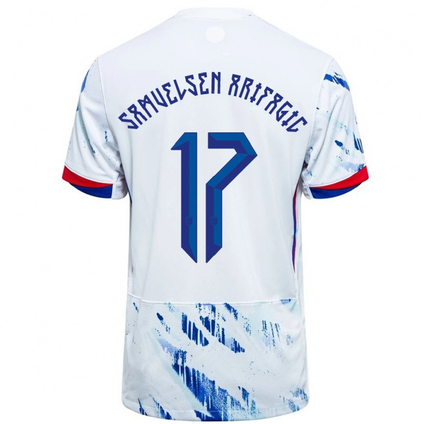 Danxen Mulher Camisola Noruega Elias Samuelsen Arifagic #17 Branco Azul Alternativa 24-26 Camisa