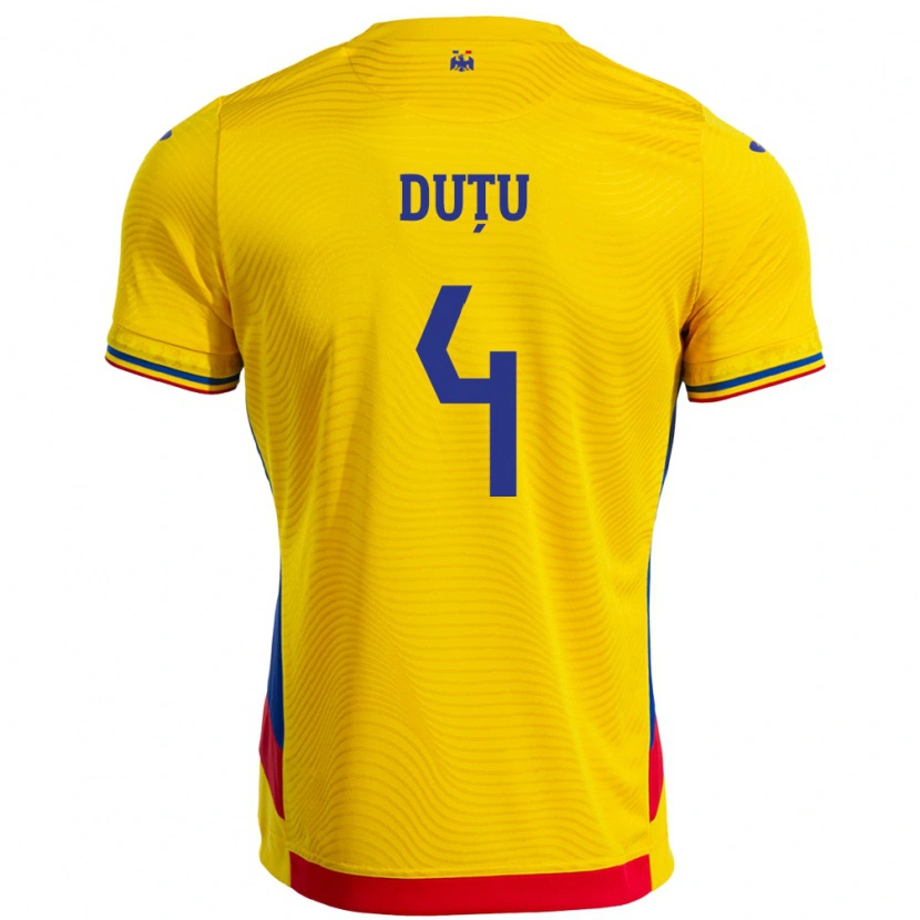 Danxen Criança Camisola Romênia Ștefan Duțu #4 Amarelo Principal 24-26 Camisa